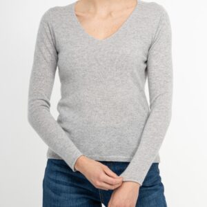 grey melage 100% cashmere v- ausschnitt pullover eng tailliert geschnitten mit lang arm