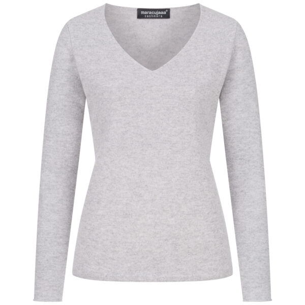 grey melange 100% cashmere v- ausschnitt pullover eng tailliert geschnitten mit lang arm